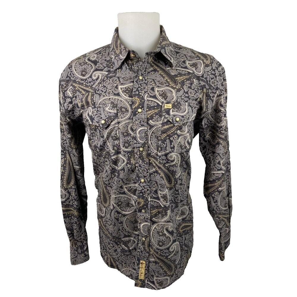 Larry Mahan Men XL Gray Paisley Western Shirt Pearl Snap Cowboy Rodeo